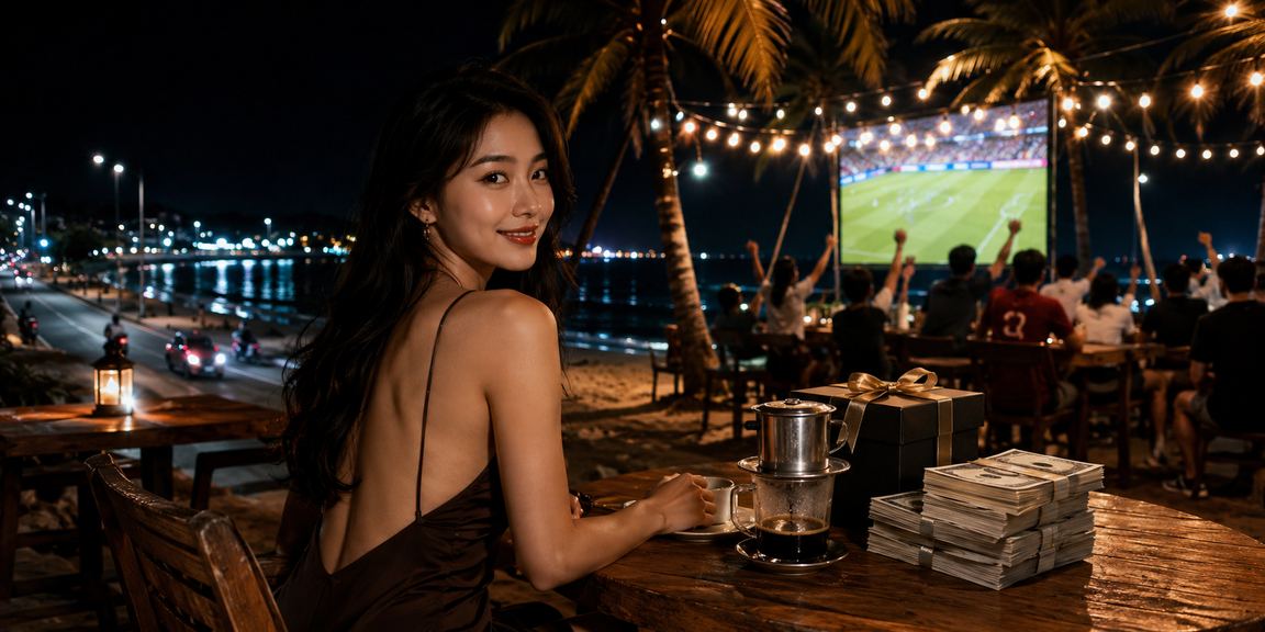 Người dùng tại Phan Thiết uống cà phê và theo dõi kèo bóng đá qua điện thoại